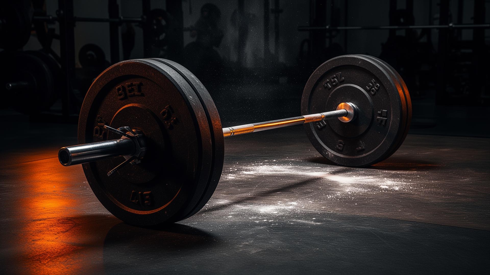 Loaded barbell with weight plates on a polished gym floor